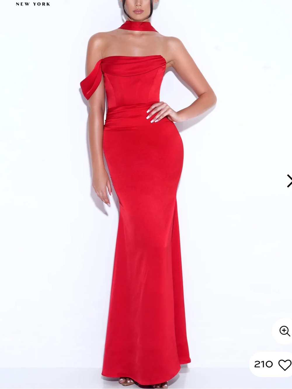 Ivona Halter Neck Duchess Chic Red Off-Shoulder Maxi Dress with Neck Scarf